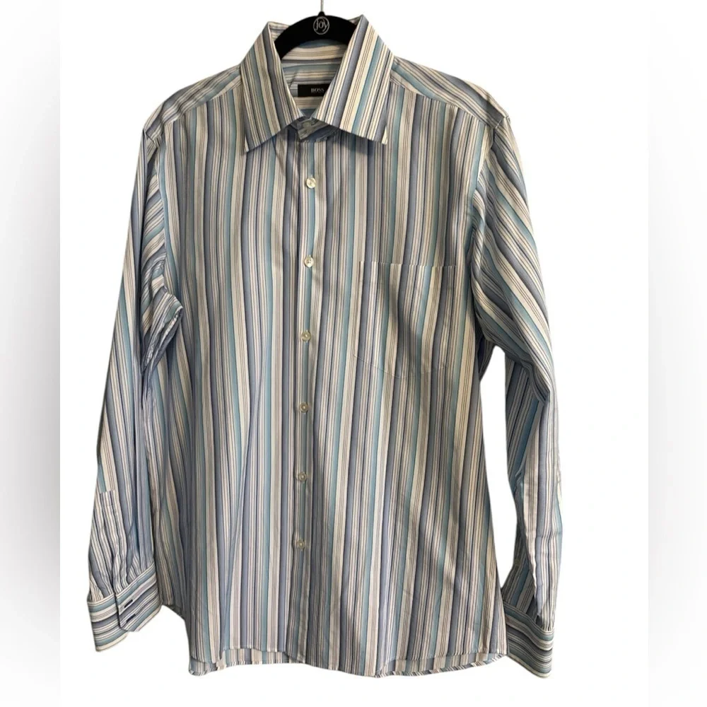 Men's Hugo Boss button down multi-color striped long sleeve shirt 16.5 34/35